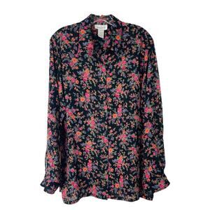 Vintage black pink orange floral chiffon button front blouse top large